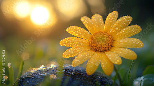 mellow Daisy With Morning Dew in a Sunlit Meadow