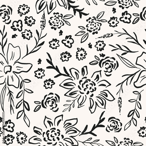 Hand drawn flower seamless pattern. doodle ink style