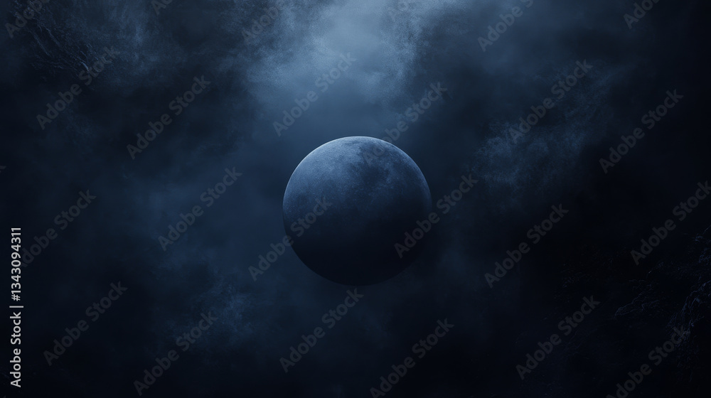 Obraz premium mysterious dark planet floats amidst swirling clouds in cosmic scene. atmosphere is eerie and captivating, with planet surface barely visible through dense mist