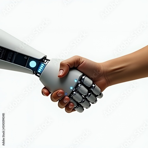 Robotic and human hands shaking, symbolizing technology collaboration, white background