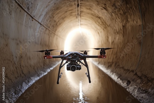 A drone flies through a tunnel with water on the floor