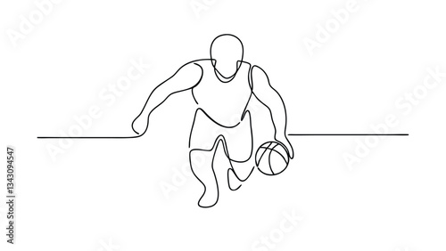SingleLine Basketball Player Dribbling, Action, Sport, Game, Minimalist Art