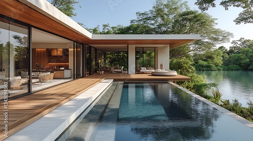 A modern tropical luxury estate featuring a floating infinity pool, elegant wooden walkways, and an open-air living space overlooking a serene private lagoon.
