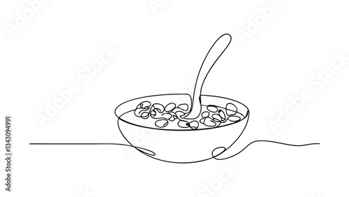 Single Line Drawing of Cereal Bowl, Spoon, Breakfast Food