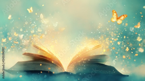 An ancient book stands upright with open pages that form a glowing doorway into another realm