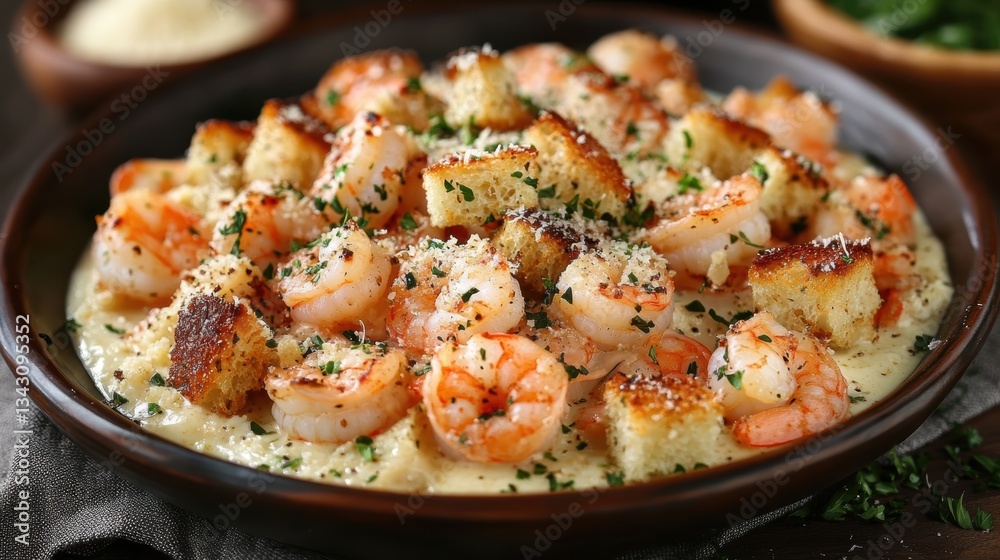 A symphony of flavors and textures: succulent shrimp nestled in a creamy caesar dressing, adorned with crisp croutons and a sprinkle of Parmesan cheese, a culinary masterpiece for any seafood lover. A symphony of flavors and textures: succulent shrimp nestled in a creamy caesar dressing, adorned with crisp croutons and a sprinkle of Parmesan cheese, a culinary masterpiece for any seafood lover.