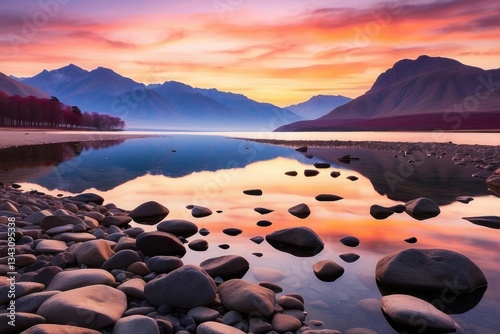 A panoramic view of a tranquil lake at twilight,