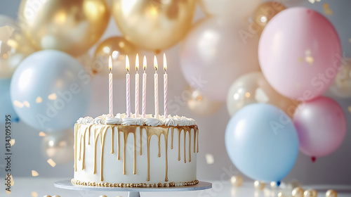 A luxurious birthday celebration scene featuring a white and gold cake with elegant icing drips, six lit candles, and a pastel-themed balloon arrangement in soft blue, pink, and gold, with scattered d