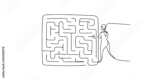 Businessperson facing complex maze challenge, problem-solving, strategic planning