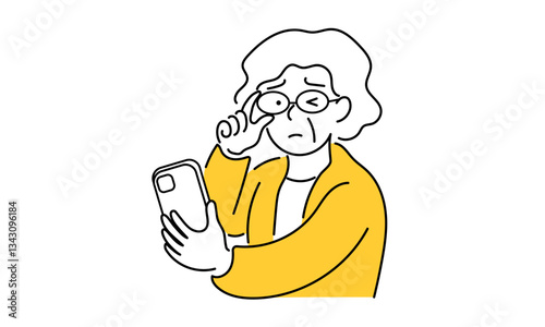スマートフォンを見る高齢女性のイラスト