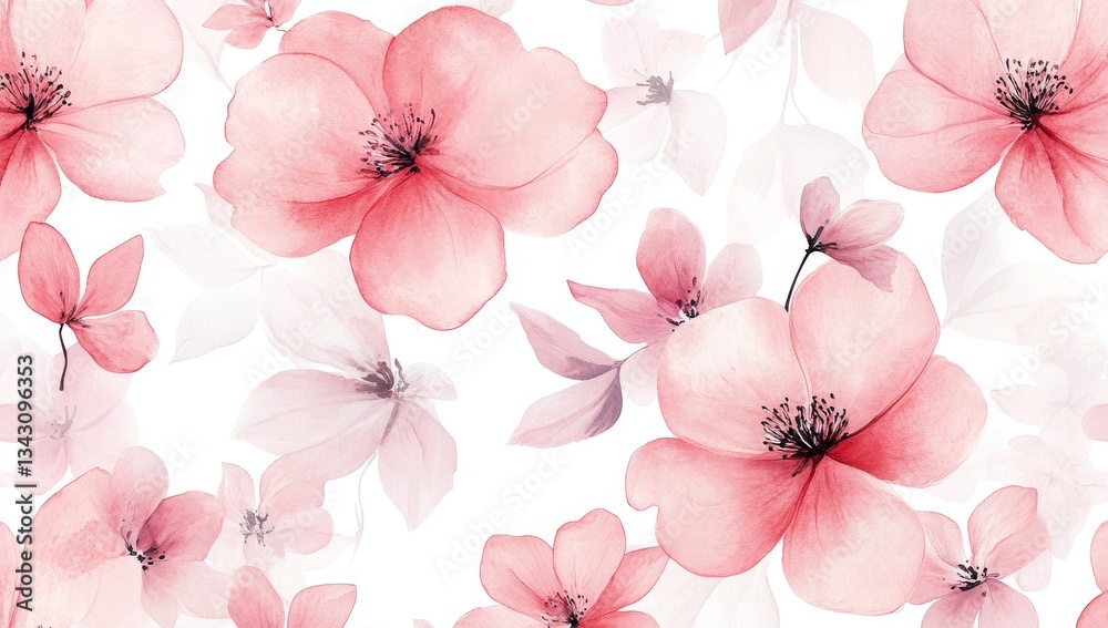 Delicate, translucent floral pattern. Soft, rose-pink blossoms and light-grey leaves create a seamless design Delicate, translucent floral pattern. Soft, rose-pink blossoms and light-grey leaves create a seamless design
