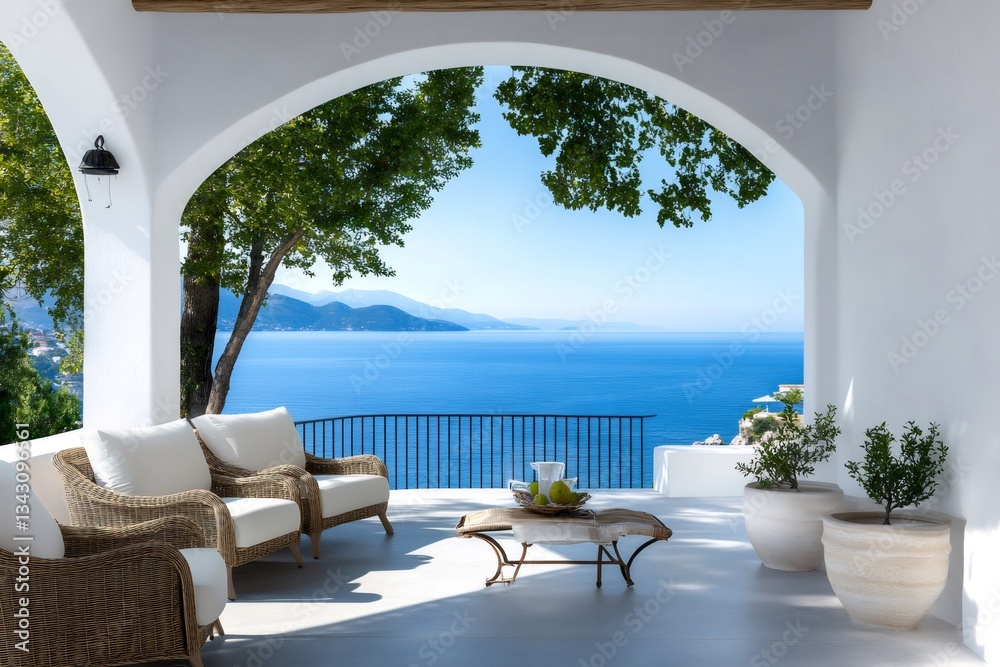 Fototapeta premium Mediterranean terrace overlooking beautiful blue sea and mountains