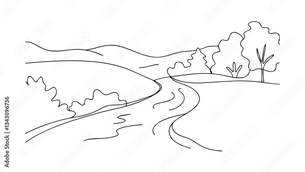 Fototapeta premium Serene Landscape Drawing Winding River, Rolling Hills, Lush Trees
