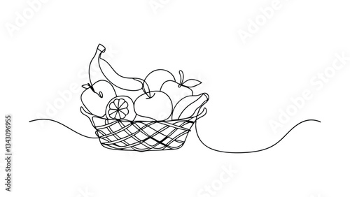 Single Line Drawing of Fruit Basket Apples, Bananas, Orange