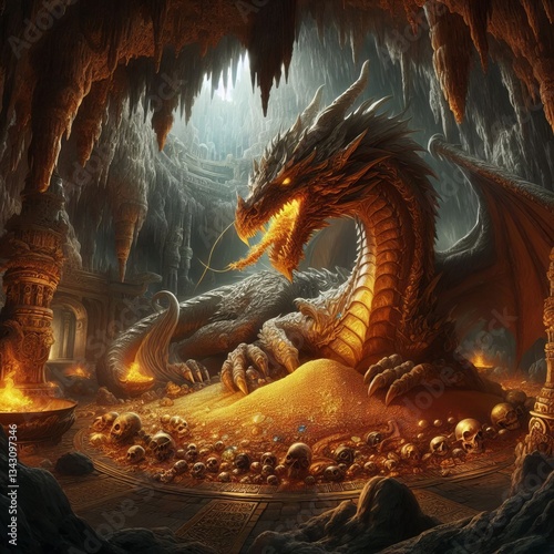 Dragon s Lair A massive dragon curled around a hoard of gold and