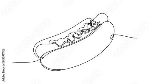 Continuous Line Drawing of a Delicious Hot Dog with Mustard