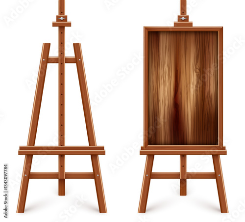 Wooden chalkboard on easel. Blank blackboard in wooden frame on a tripod. Presentation board, writing surface for text, drawing. Online studying, learning mockup. Vector illustration