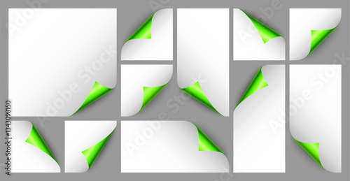 Set of green paper curls. Curled page corner with shadow. Blank sheet of paper. Colorful shiny foil. Design element for advertising and promotion. Vector illustration.