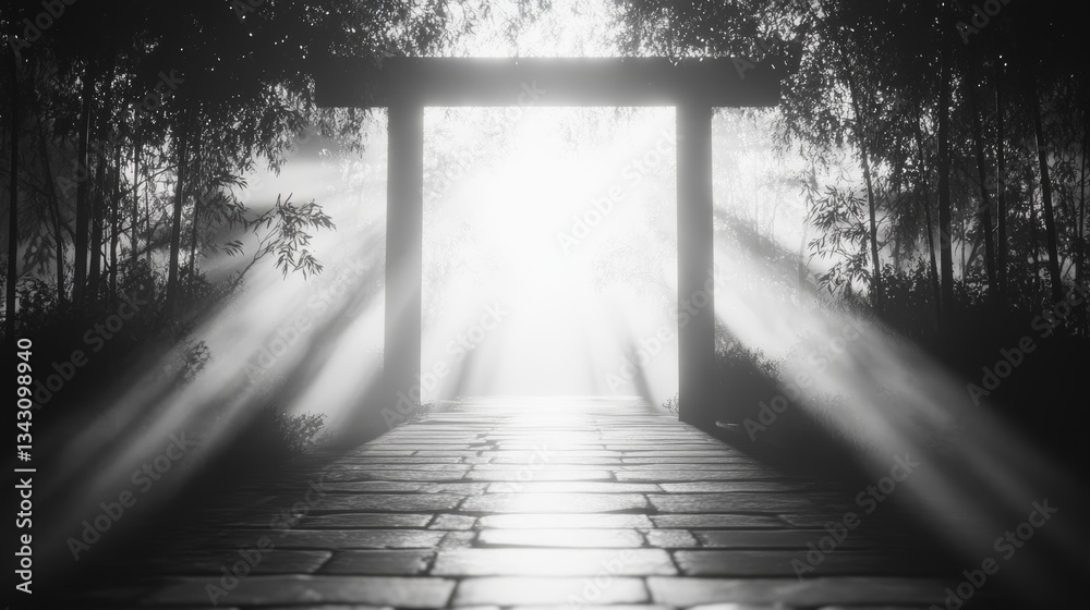 Sunbeams stream through a torii gate, illuminating a tranquil path. Serene and spiritual.