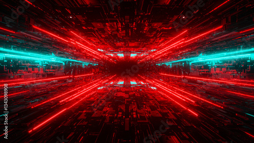 A futuristic cyber-themed abstract digital background, highlighted by red and cyan light trails that enhance its sci-fi essence