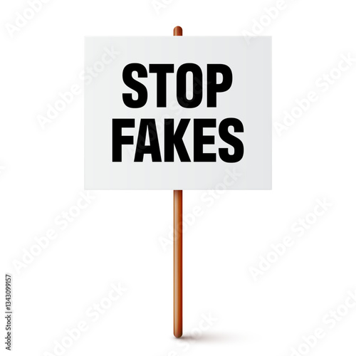 Protest sign with text slogan and wooden holder. Demonstration banner. Strike action cardboard placard mockup. Social advertisement. Vector illustration