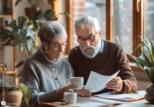 Old couple sitting at home, looking over theirPixar style character sheet with various expressions and poses while reading documents on the table in front of them ,sitting by coffee mug fulll visible 