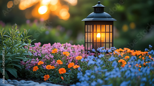 Glowing lantern amidst garden flowers, peaceful dusk illumination, vibrant orange blue blossoms, serene twilight scene
