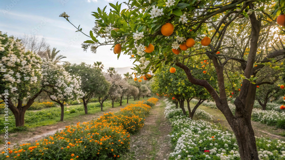 Fototapeta premium Bloomy orange garden in Valencia