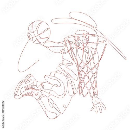 A pencil sketch of a scene of a dunk shot, an offensive and defensive scene. The background contains a white basketball.