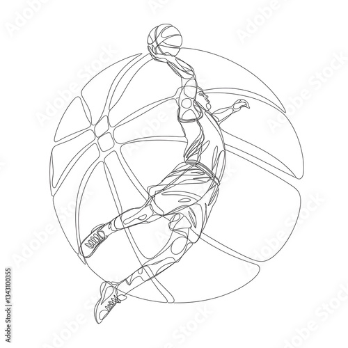 A pencil sketch of a scene of a dunk shot, an offensive and defensive scene. The background contains a white basketball.
