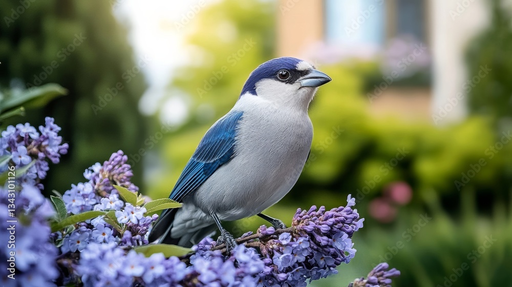 Obraz premium Elegant A bird perched on a branch of a jacaranda tree surrounded by a sea of delicate purple blossoms 