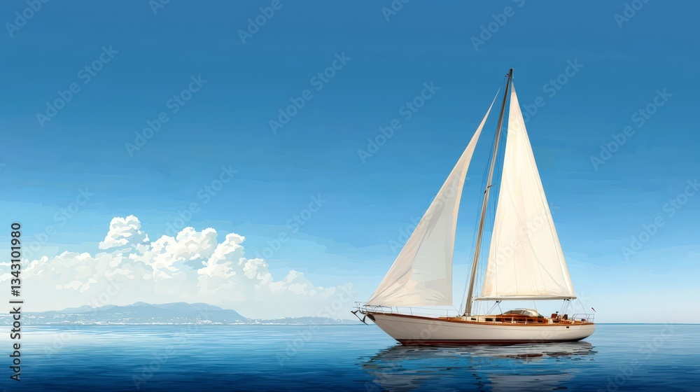 Fototapeta premium Elegant sailboat gliding on calm blue waters under clear sky with fluffy clouds, perfect for tranquil coastal imagery