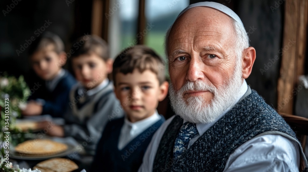 Fototapeta premium Elegant A grandfather reading from the Haggadah at a Passover Seder with children listening intently and matzah placed on the table 