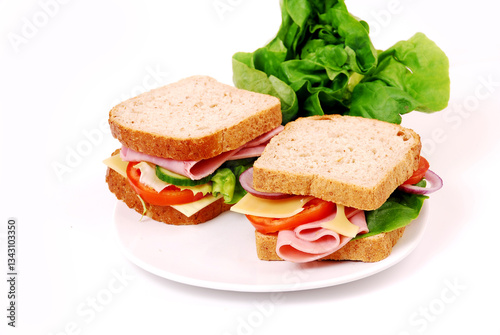 Healthy ham sandwich with cheese, tomatoes on white background