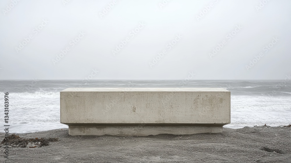 Fototapeta premium A stark white concrete podium, its surface slick with moisture, stood sentinel against the coarse, grey sand, a stark contrast to the natural world around it.