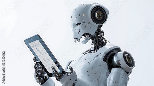 Photograph of an AI robot holding an iPad and talking on a phone, isolated against a white background. Ultra-realistic photography.