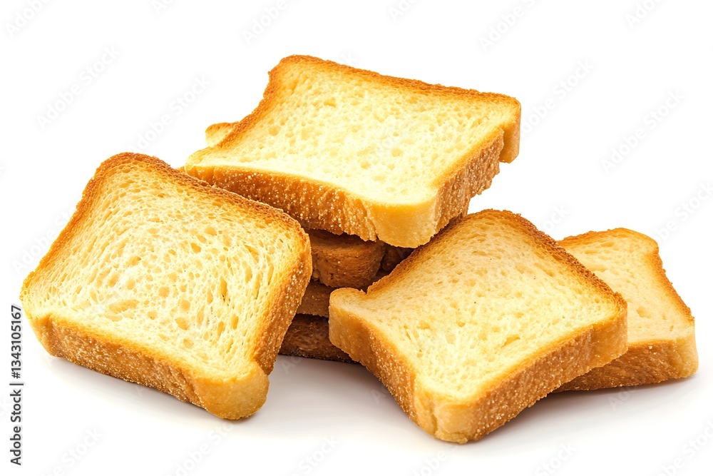 A tempting stack of golden-brown toasted bread slices, perfect for a simple breakfast or a delightful snack, with a bright white background. A tempting stack of golden-brown toasted bread slices, perfect for a simple breakfast or a delightful snack, with a bright white background.