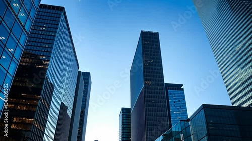 Wallpaper Mural Low Angle View of Modern Glass Skyscrapers Against a Clear Blue Sky in a Vibrant City Torontodigital.ca