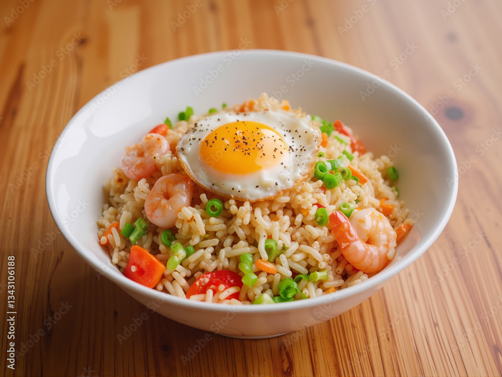 Fried rice dish with egg, vegetables and shrimp. Delicious food in a bowl on a wooden table Fried rice dish with egg, vegetables and shrimp. Delicious food in a bowl on a wooden table