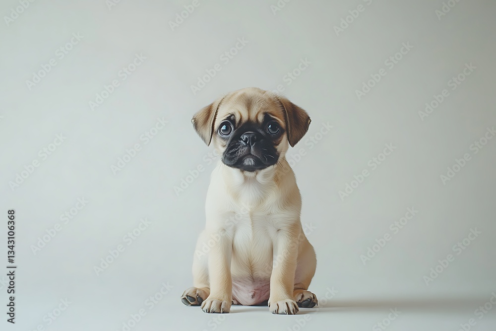 Obraz premium A sweet pug puppy sits patiently, awaiting affection against a soft, neutral background.