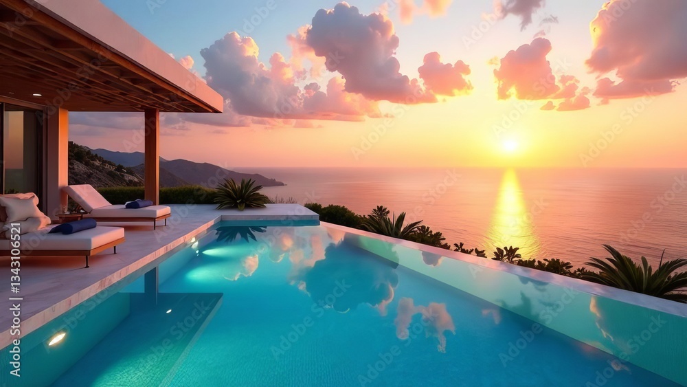 Fototapeta premium swimming pool at sunset, Panoramic pool, sea view, sunset sun