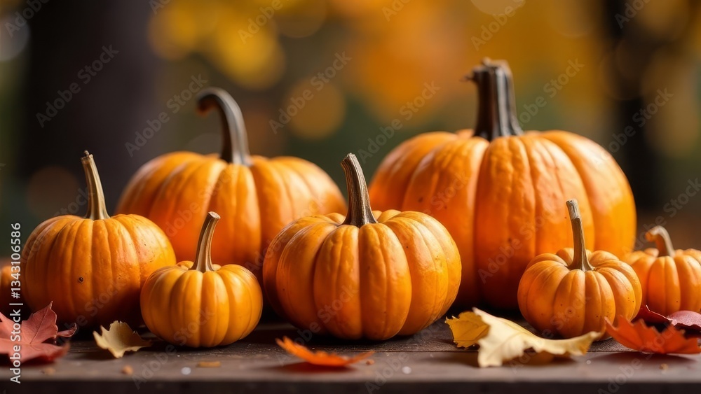 Autumn Scene. Thanksgiving Pumpkins with Fruit and Falling Leaves Autumn Scene. Thanksgiving Pumpkins with Fruit and Falling Leaves