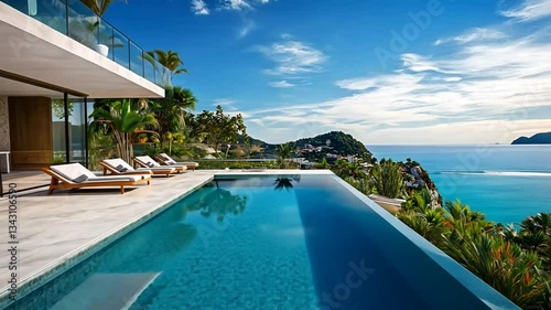 Luxury villa with ocean view and infinity pool, modern architecture with stunning seascape