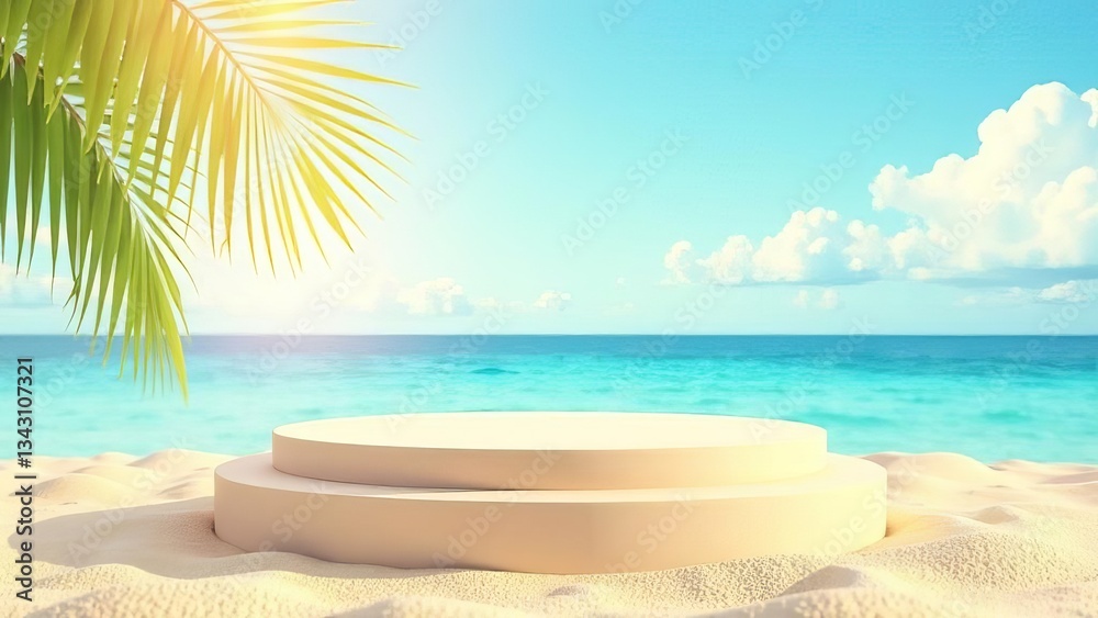 Fototapeta premium Beach podium summer background sand product marine display platform. White clouds.