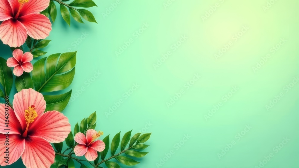 Obraz premium Background decorated with hibiscus flowers and tropical leaves on a light green background.