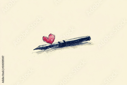 A whimsical illustration of a fountain pen with a small red heart, symbolizing love for writing and creativity.