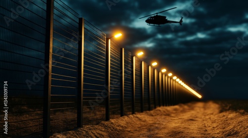 Elegant A nighttime scene at the US Mexico border with floodlights illuminating the fence and a patrol helicopter flying overhead 