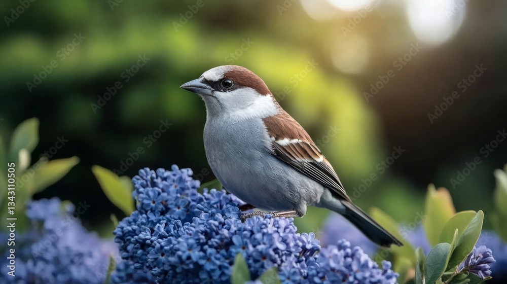 Obraz premium Elegant A small bird perched delicately on a jacaranda branch surrounded by clusters of vibrant purple flowers swaying in the breeze 