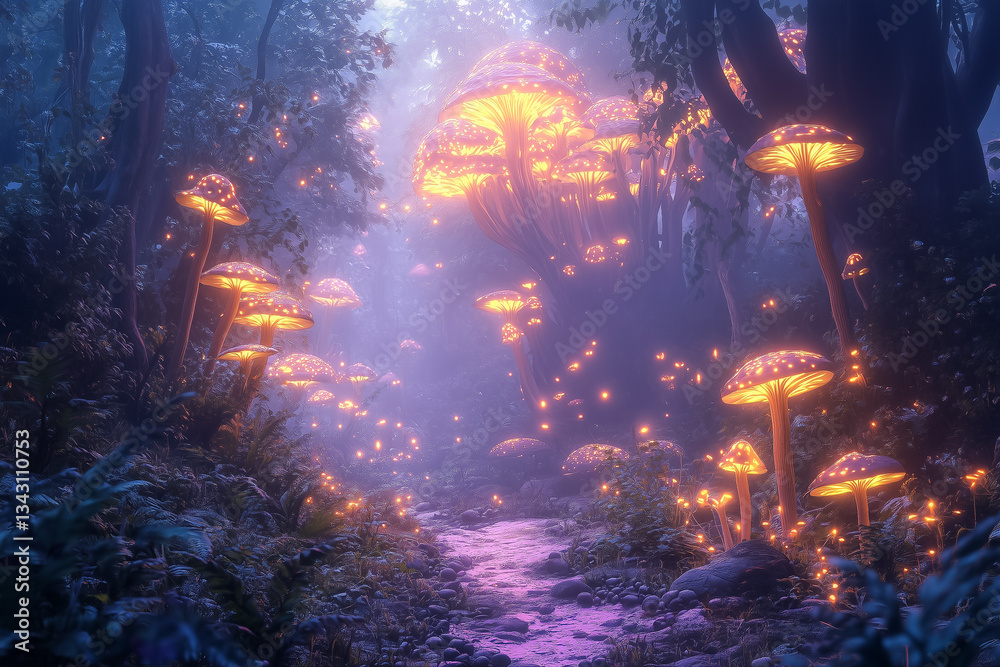 Fototapeta premium a nystical forest with glowing mushrooms and ethereal light,fantasy art style
