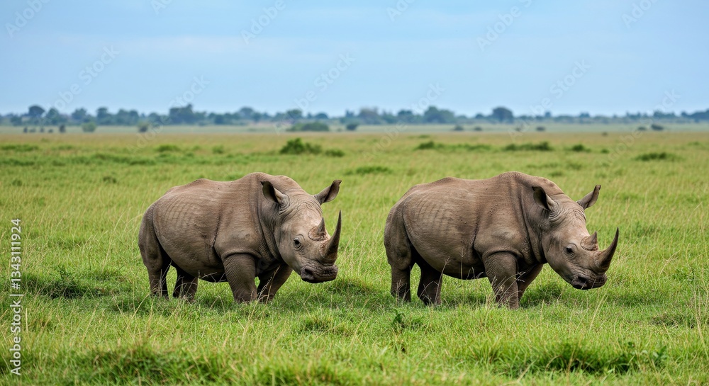 A Pair of Rhinos Standing Majestically in the Tall Grass, a Symbol of Conservation A Pair of Rhinos Standing Majestically in the Tall Grass, a Symbol of Conservation